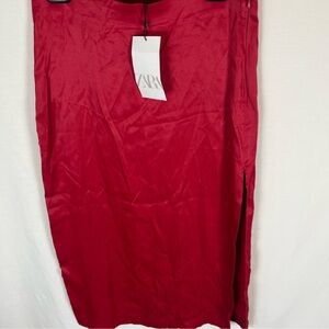 ZARA Women Straight Midi Skirt size M Red Satin Effect Side Slit NWT